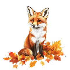 Obraz premium Red fox sitting amidst autumn leaves. (1)