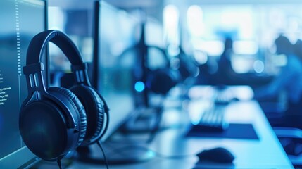 Modern workplace with headphones and computer screens in a tech environment