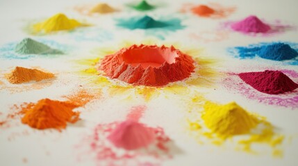 Obraz premium Holi powders arranged in a mandala pattern, showcasing cultural artistry and festive vibrancy on a white table.