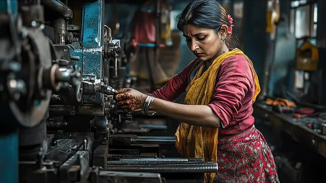 Focused indian factory worker operating industrial machinery in manufacturing plant