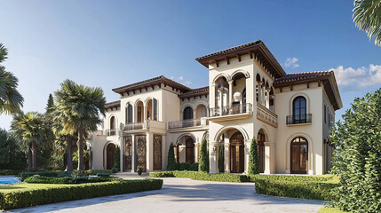 Luxurious Mediterranean style villa with elegant architecture and palm trees