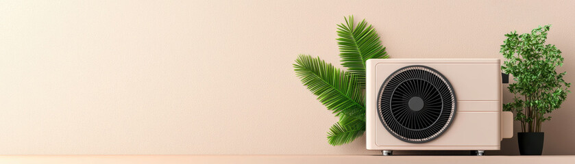 Compact air heat pump with green leaf decor on a beige surface presenting modern solutions for eco-friendly heating and sustainability visuals