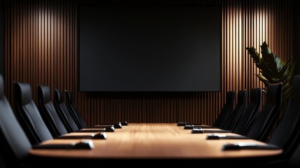 Contemporary boardroom setup with a large blank screen and elegant black seating, ideal for business and corporate branding content