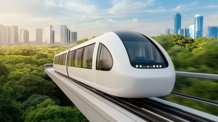 Naklejka premium Airports provide transit transportation services. Futuristic train traveling through a lush green cityscape.