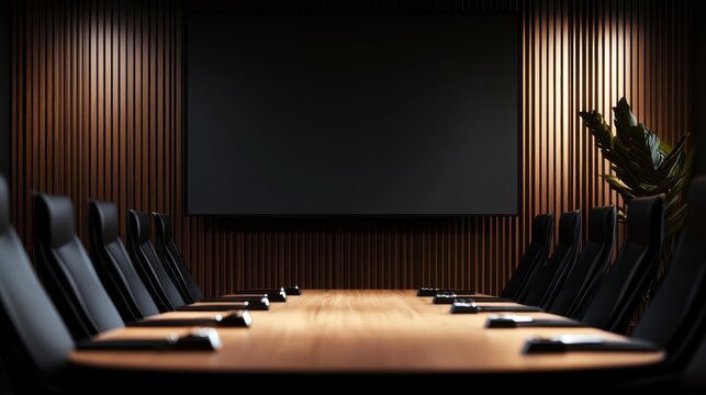 Contemporary boardroom setup with a large blank screen and elegant black seating, ideal for business and corporate branding content