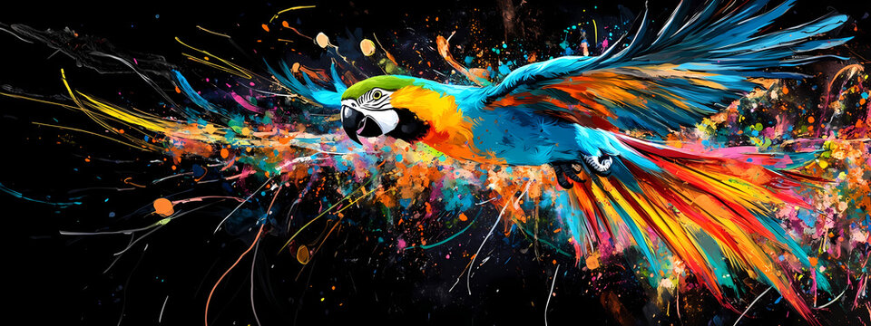 Parrot in Flight with Vibrant Paint Strokes