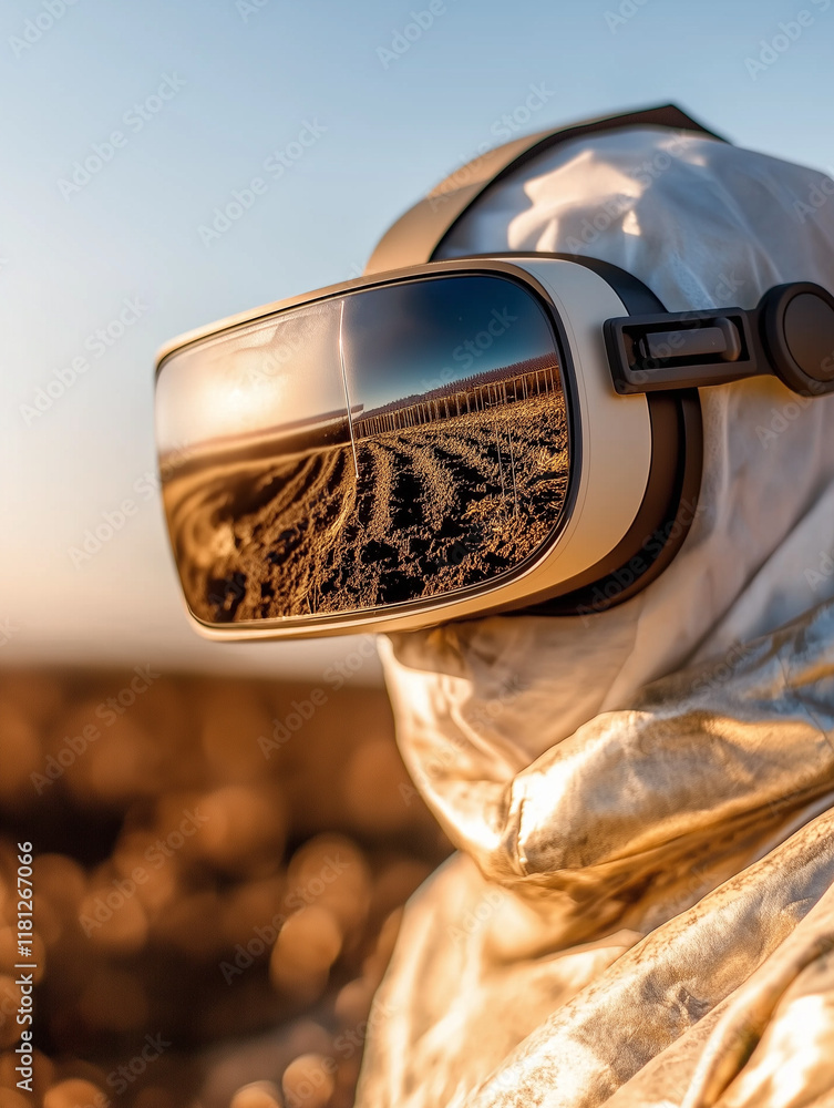 Poster agritech innovation solutions farming. agriculture technology. a farmer using vr goggles for soil an
