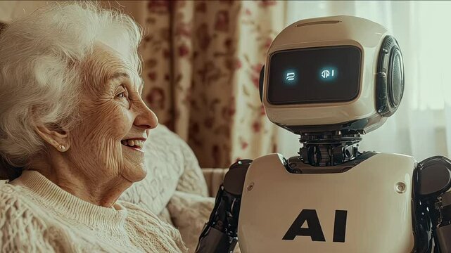A robot with the word "AI" on its chest sits next to an elderly person in their living room, talking and laughing together