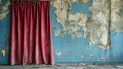 An old, weathered red theater curtain hangs against a cracked, faded blue wall, creating a scene of long-abandoned desolation  