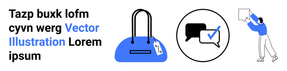 Blue handbag, speech bubbles icon with checkmark, and person in blue clothing holding a sign. Ideal for advertising, marketing, communication, consumer goods, social media, e-commerce and branding