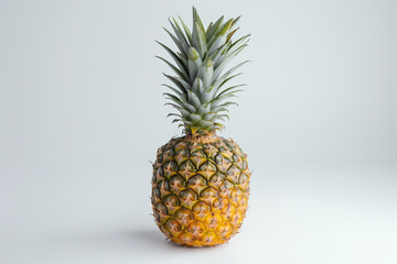 A pineapple with a rough, textured skin, standing upright on a white background.