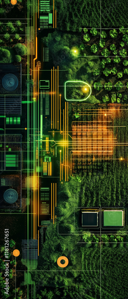 Poster agritech innovation solutions farming. agriculture technology. aerial view of farmland with advanced
