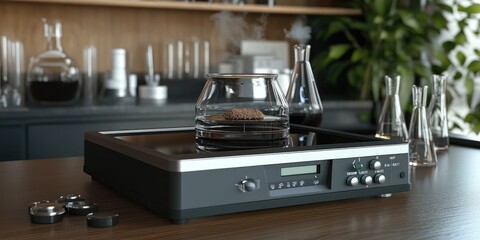 A modern kitchen setup featuring a precision heating device for brewing coffee.