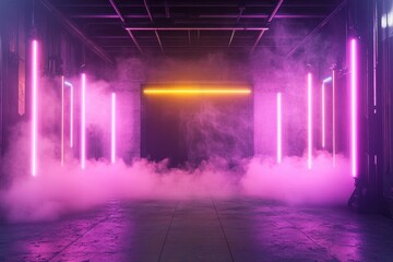 Obraz premium Neon lit corridor fog creating atmospheric visual experience