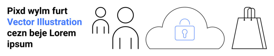 Two human figures next to a security lock inside a cloud, a shopping bag icon. Ideal for cybersecurity, data protection, e-commerce, online shopping, user data privacy, cloud storage, digital