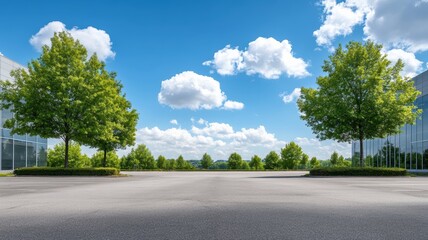 Fototapeta premium Spacious asphalt parking lot surrounded by trees under a bright blue sky with fluffy white clouds.
