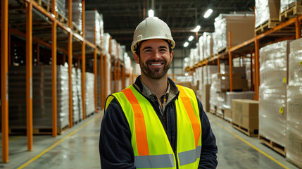 Warehouse worker in safety gear smiling in organized storage area