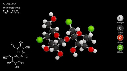 Molecule: Sucralose. E955 food additive. Sweetener. Molecular structure. Formula: C12H19Cl3O8. Chemical model: Ball and stick. Black background. 3D illustration.