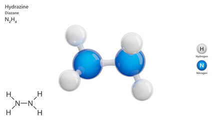 Molecule: Hydrazine. Rocket fuel. Molecular structure. Formula: N2H4. Chemical model: Ball and stick. White background. 3D illustration.