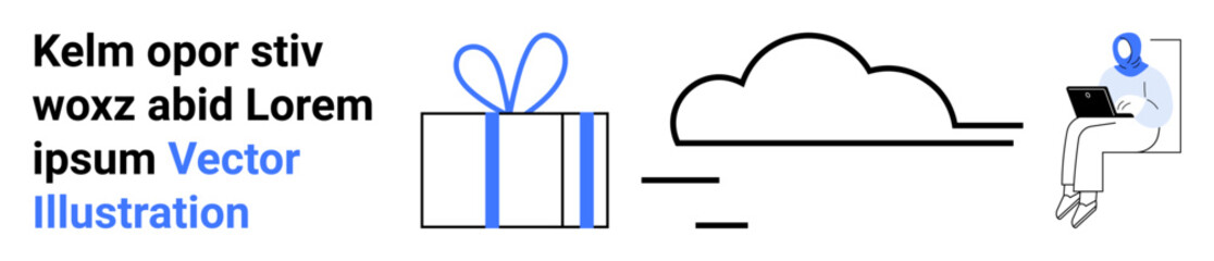 Gift box with ribbon, cloud icon, and a woman in a blue headscarf using a laptop on a chair. Ideal for holiday themes, technology, remote work, cloud computing, text samples, e-commerce and holiday