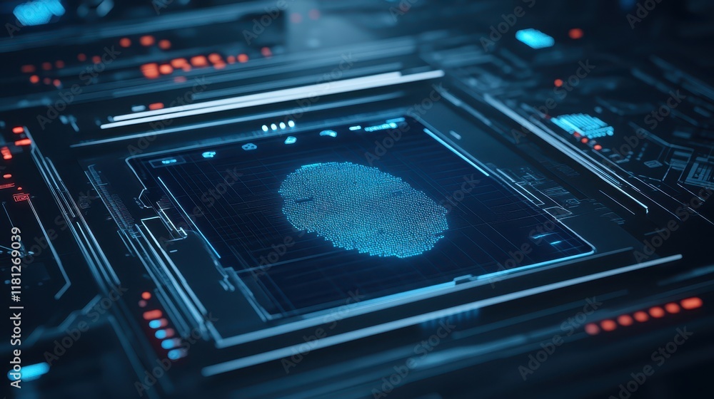 Poster fingerprint on computer screen, digital identity, biometric authentication and cybersecurity