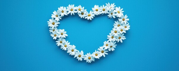 Naklejka premium A heart-shaped arrangement of white daisies against a vibrant blue background, symbolizing love and nature.
