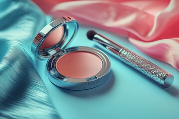 Trendy makeup flat lay featuring bold lipstick and blush stylish setting vibrant colors eye-catching composition