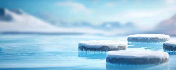 Elegant stone platforms in icy water with frost details and soft blue backdrop suitable for beauty product ads or luxury skincare displays