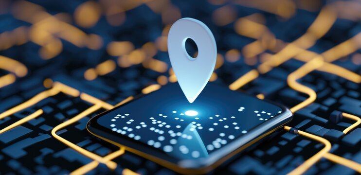 Digital navigation concept with 3D map pointer on futuristic circuit background for technology design