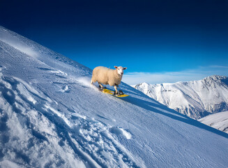 Naklejka premium A fluffy sheep bravely snowboards down a snowy mountain slope under a vibrant blue sky. The sun shines brightly, casting shadows on the pristine white snow.