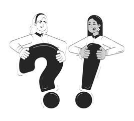 Business solutions doodle line illustration concept. Informational support. Diverse women holding exclamation and question marks 2D outline characters isolated. Hand drawn ink drawing monochrome