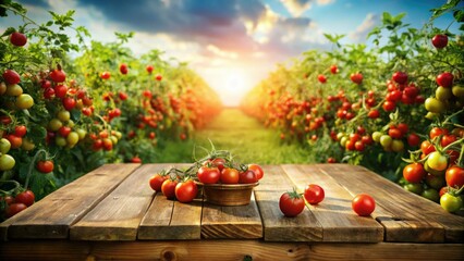 A miniature cherry tomato field, tilted-shift photography, rests on a rustic wooden table, a summer farm idyll.