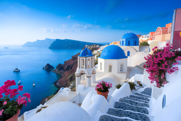 Oia santorini greece, charming white and blue church overlooking aegean sea
