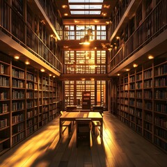 A quiet library with towering bookshelves and soft, warm lighting. 