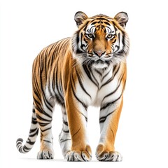 Naklejka premium A majestic tiger standing confidently, showcasing its striking fur and powerful presence.
