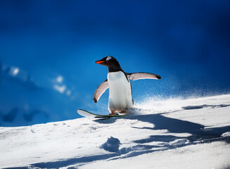 Fototapeta premium A penguin gracefully skis down a snowy slope under a vibrant blue sky. The sun shines brightly, casting a shadow on the pristine snow. Its wings are outstretched as it enjoys a winter adventure.