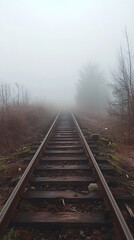 Fototapeta premium An abandoned train track disappearing into the fog, creating a haunting atmosphere.