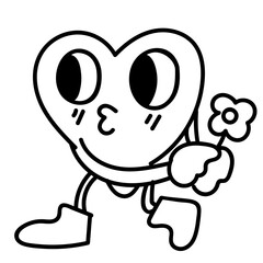 heart doodle cartoon holding flower . doodle outline icon and illustration design