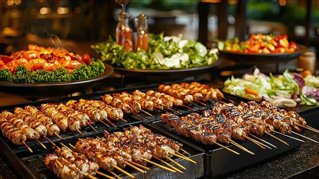 Delicious barbecue skewers grilling on hot grill in restaurant