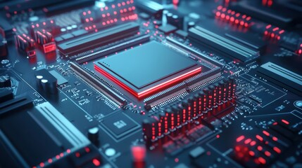 Fototapeta premium Red light illuminates computer processor, a glimpse into the core of computing power