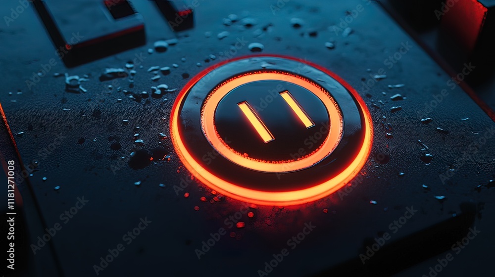 Poster close-up of illuminated pause button on dark, wet metallic surface.