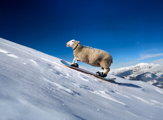 Naklejka premium A sheep confidently snowboards down a snowy mountain slope under a vibrant blue sky. The scene is playful and unexpected, showcasing the animal's surprising skill.