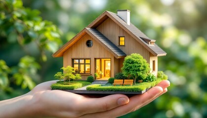 House energy efficiency, energy efficient rating class concept, eco home renovation save cost. Low-consumption ecological house. Hand holding Green Building for Sustainable Development Concept