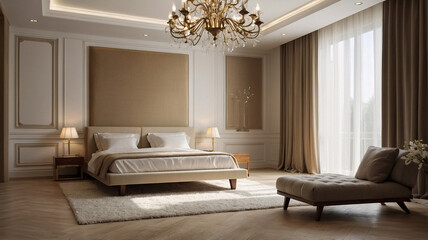 Spacious and modern interior featuring neutral color bed beige earth tone furniture large windows and abstract artwork on the wall Contemporary Interior Design Livingroom Inspiration
