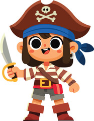 Cheerful Cartoon Young Pirate Girl Holding a Sword