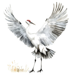 A watercolor clipart of a crane spreading its wings at sunrise, isolated on a white background. Crane vector.
