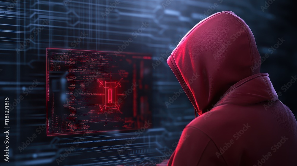 Poster tech enthusiast's journey into the digital realm, a hooded figure immersed in the radiant glow of co