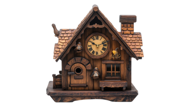 Rustic wooden cuckoo clock transparent background