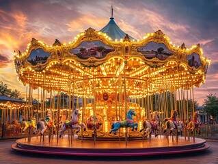 Colorful carousel at sunset with bright lights and decorations