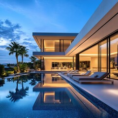 Obraz premium Luxurious modern villa with infinity pool at dusk. (1)